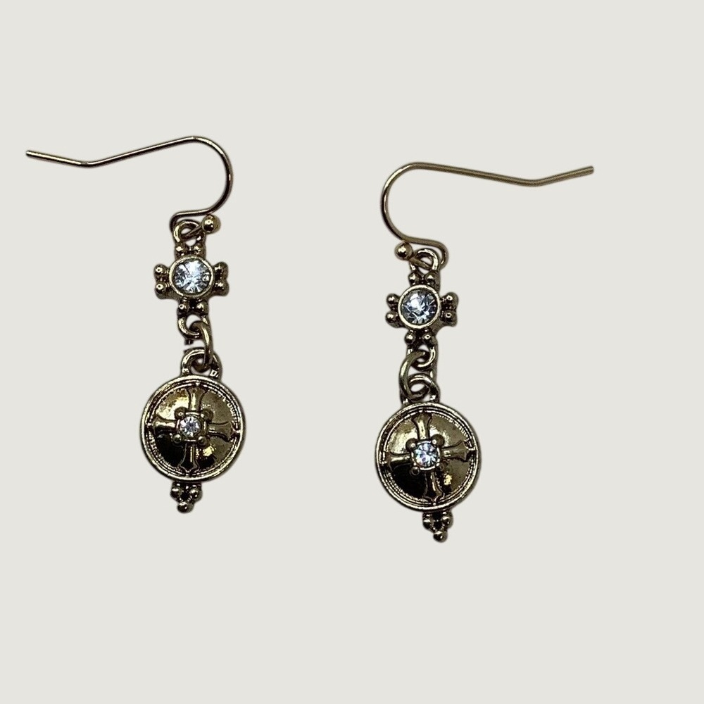 Vintage Style Gothic Cross Medallion Drop Earrings Gold Tone Rhinestone Accents